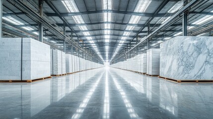 Poster - vast warehouse interior showcasing pristine marble slabs stacked neatly in rows, reflecting light