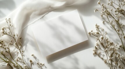 Poster - Sunlight gently illuminates a blank canvas surrounded by ethereal white flowers and soft fabric. The tranquil morning setting inspires creativity and captures a moment of peaceful beauty