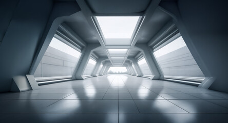 Poster - Sleek, empty corridor with white pillars and bright skylight. Modern architectural design with tiled floor creates a futuristic, clean, and spacious interior.