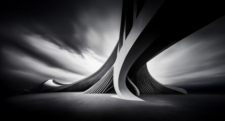 Fototapete - Striking monochrome image of an abstract architectural structure featuring a dynamic curved form with linear elements against a dramatic cloudy sky. Modern and artistic.