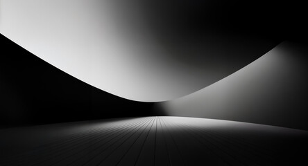 Poster - Abstract monochrome space with curved walls and floor. Light and shadow interplay creates depth and perspective in a minimalist composition.