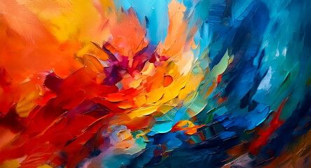 Poster - Vibrant abstract art with dynamic brushstrokes creates a swirling mix of warm and cool colors. Orange, red, yellow, and blue blend in a textured, expressive composition.