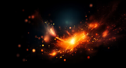 Poster - Vibrant burst of orange and yellow light streaks across a dark background, creating an abstract fiery explosion effect with bokeh elements.