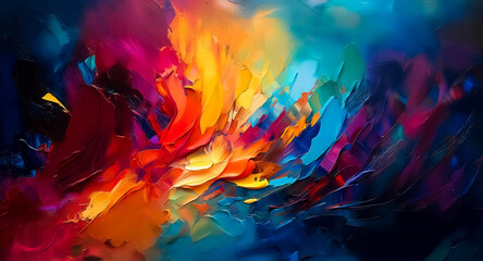 Fototapete - Dynamic abstract painting with bold brushstrokes and vibrant colors. Warm and cool hues blend to create a textured, expressive artwork.