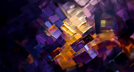 Aufkleber - Abstract geometric painting featuring diagonal arrangement of square shapes in vibrant purple, orange, and gold hues with textured brushstrokes.