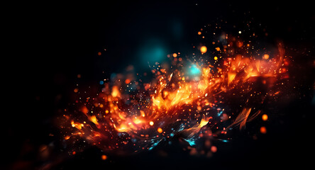 Aufkleber - A dynamic display of fiery orange and red sparks erupting against a stark black backdrop, with cool blue light accents creating a vibrant, abstract visual effect.
