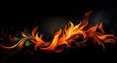 Poster - Abstract fiery swirls dance across a dark backdrop, creating an energetic and warm display. Dynamic shapes intertwine with shades of orange, yellow, and brown, evoking a sense of movement and intensit