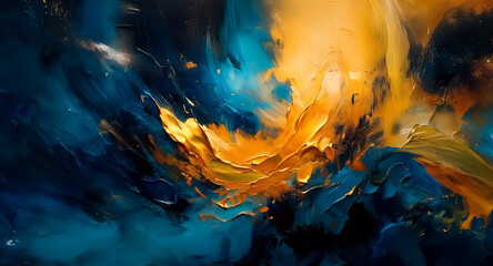Poster - Abstract painting featuring dynamic brushstrokes in rich hues of deep blue and vibrant gold, creating an energetic and textured visual experience.