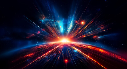 Aufkleber - Explosive cosmic burst of light emanating from a planet in deep space. Vibrant blue and red colors illuminate the scene in a radial pattern.