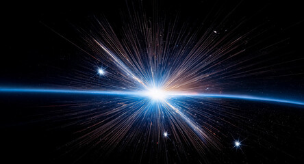 Poster - Bright light bursts from a central point, radiating outwards in streaks. A blue curved line suggests a horizon against a dark, starry backdrop. Energetic and cosmic visual effect.