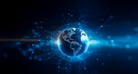 Leinwandbilder - A glowing earth in blue hues is encircled by a network of light points and lines, depicting global connectivity and modern technology.