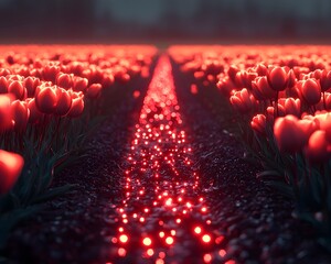 Poster - Surreal Glowing Tulip Labyrinth with Soft Guiding Light through Colorful Floral Field Concept