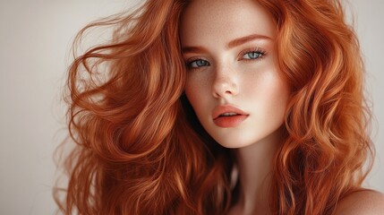 Aufkleber - Radiant red locks cascade around a young woman’s face, highlighting her striking features. Gentle light enhances her natural beauty, creating an enchanting atmosphere perfect for artistry