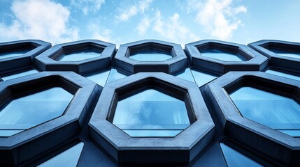 Poster - Unique building design showcases hexagonal windows against a backdrop of fluffy white clouds and a bright blue sky, highlighting modern architectural trends and innovative aesthetics