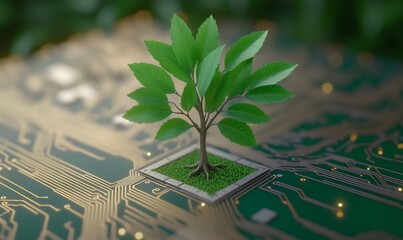 Poster - Tree growing on circuit board. Technology and nature merging. Green background