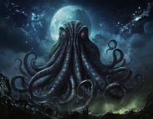 Wall Mural - generative ai cthulhu rising: cosmic horror under the moon cthulhu octopus tentacles moon stars nigh