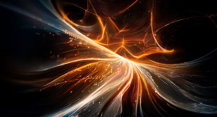 Fototapete - Abstract image featuring dynamic swirling lines of orange and blue hues against a dark backdrop.  Suggests energy flow, movement, and abstract light patterns.