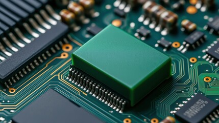 Poster - Battery Sustainable Materials Concept, Close-up View of an Energy Efficient Circuit Board Featuring Modern Technology and Components
