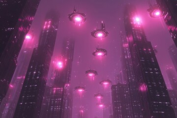 Poster - Futuristic cityscape with illuminated structures and hovering technology hovering in a misty pink atmosphere