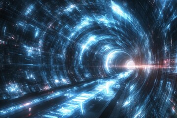 Poster - Futuristic tunnel illuminated with vibrant lights and digital patterns