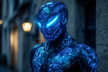 Poster - Futuristic figure with glowing blue lines stands in urban environment during twilight