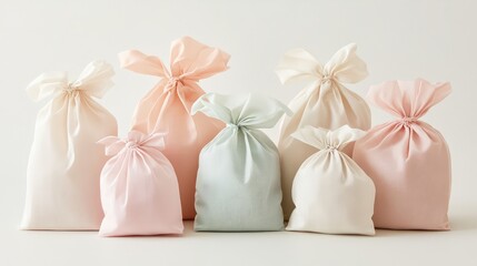 Poster - A collection of reusable fabric gift bags in soft pastel tones, placed on a clean neutral background.