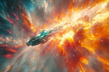 Poster - Spaceship traveling through colorful nebula and explosive cosmic scene in a distant galaxy