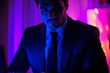 Poster - Man in a suit working intently on a laptop under colorful lighting in a dimly lit environment at night