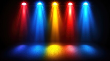 Poster - A dramatic view of concert lights in various colors illuminating the stage with powerful beams, leaving open space for creative event text or promotional material.