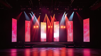 Poster - A dynamic concert stage with glowing LED screens, multi-colored spotlights, and modern design elements, leaving plenty of open space for event branding or copy.