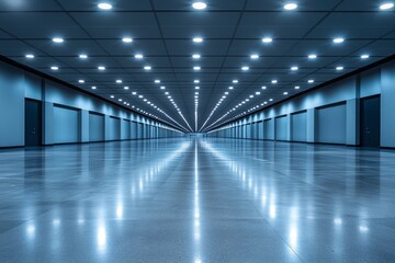 Poster - Long corridor with illuminated ceiling and polished floor creating a symmetrical perspective in a modern building