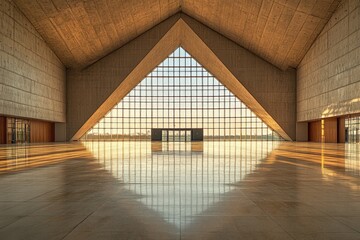 Poster - Stunning architectural interior with large windows reflecting light during golden hour