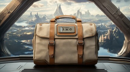 Poster - A high-tech laptop bag with a built-in charging port, displayed against a futuristic backdrop.
