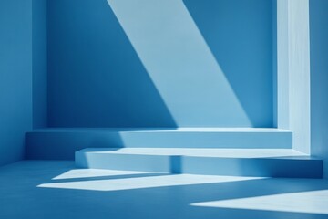 Poster - Bright blue interior space with geometric shapes and shadows creating a calming atmosphere