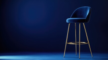 Poster - A luxurious velvet bar stool with gold legs, placed against a deep blue background with soft lighting.
