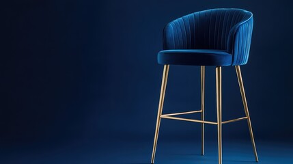 Poster - A luxurious velvet bar stool with gold legs, placed against a deep blue background with soft lighting.