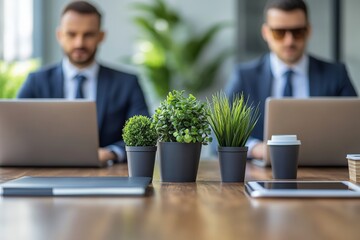 Poster - Professional men working with laptops in a modern office with indoor plants on the table