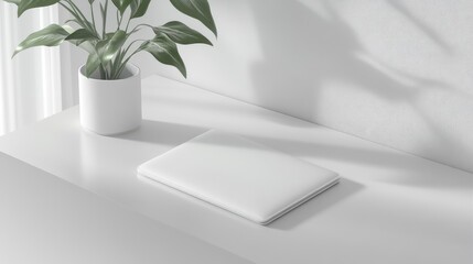 Poster - A minimalist laptop sleeve with a soft-touch finish, placed on a smooth white tabletop.