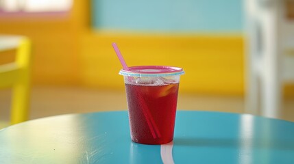 Poster - A refreshing fruit punch kids beverage in a colorful cup with a lid and straw, placed on a vibrant table with plenty of room for promotional text or branding.