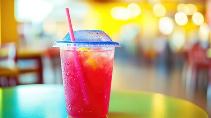 Poster - A refreshing fruit punch kids beverage in a colorful cup with a lid and straw, placed on a vibrant table with plenty of room for promotional text or branding.