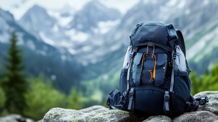 Fototapete - A rugged hiking backpack with multiple compartments and straps, placed on a rocky surface with a blurred mountain backdrop.