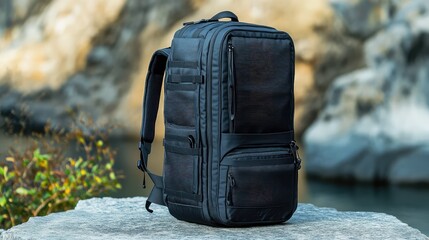 Poster - A rugged laptop backpack with padded compartments, standing on a gray stone surface.