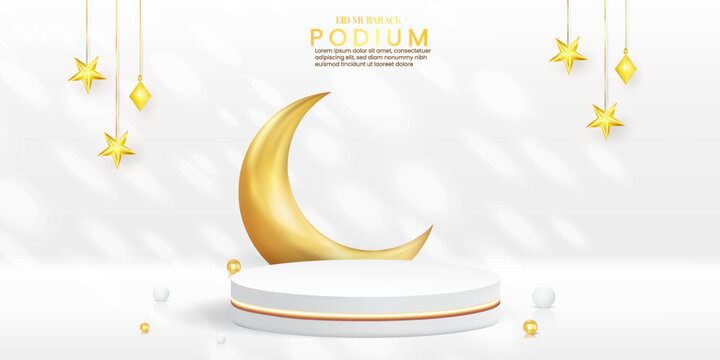 Eid Mobarack special offer product podium design with half luxury moon, star, and white shadow overlay. Realistic Ramadan product sale product mockup design in an isolated background. Islamic design