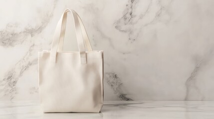 Poster - Classic fabric bag with sturdy handles placed on a clean and modern marble countertop. Eco-conscious shopping with copy space for branding.