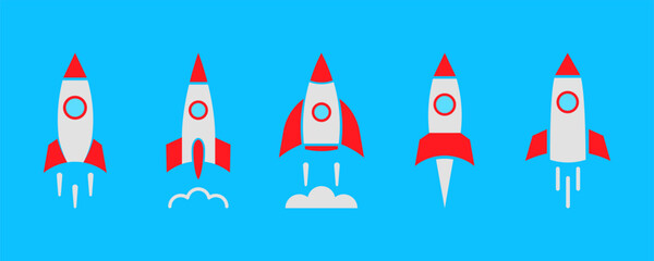 Wall Mural - set of colored rocket on blue background. launch spaceship or spacecraft. rocket fast flying for sky