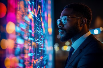 Poster - Expert examines vibrant data visualization on large screen at night in urban setting