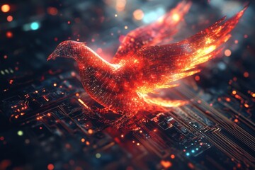 Poster - Digital phoenix rises above a circuit board landscape, showcasing a blend of technology and nature in a futuristic setting
