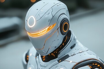 Poster - Futuristic robot with illuminated features stands in a modern urban environment during twilight hours