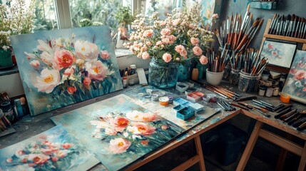 Poster - An artist's studio comes alive with vibrant floral paintings and brushes scattered around