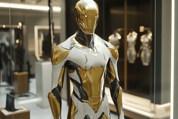 Poster - Futuristic robotic figure in sleek design displayed in a modern technology exhibit showcasing innovation